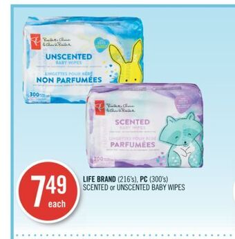 Shoppers Drug Mart Life brand (216's), pc (300's) scented or unscented baby wipes offer