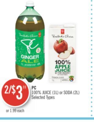 Shoppers Drug Mart Pc 100% juice (1l) or soda (2l) offer