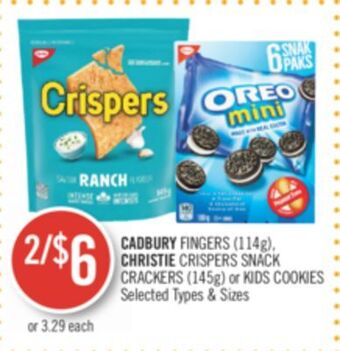 Shoppers Drug Mart Cadbury fingers (114g), christie crispers snack crackers (145g) or kids cookies offer