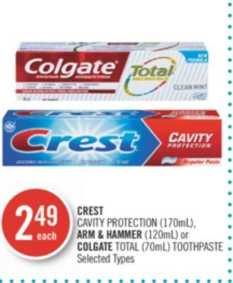Shoppers Drug Mart Crest cavity protection (170ml), arm & hammer (120ml) or colgate total (70ml) toothpaste offer