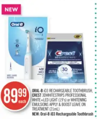 Shoppers Drug Mart Oral-b io3 rechargeable toothbrush,  crest 3dwhitestrips professional white+led light (19's) or whitening emulsions apply & b offer