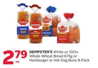 Rexall Dempster's white or 100% whole wheat bread 675g or hamburger or hot dog buns 8-pack offer