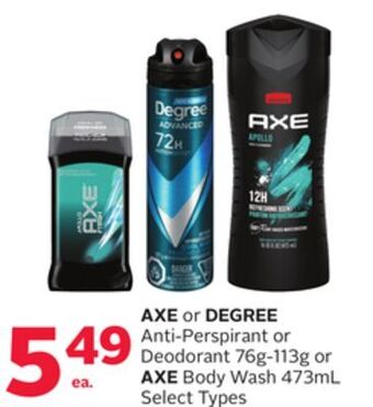 Rexall Axe or degree anti-perspirant or deodorant 76g-113g or axe body wash 473ml offer
