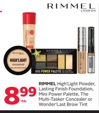 Rexall Rimmel high'light powder, lasting finish foundation, mini power palette, the multi-tasker concealer or wonder'last brow tint offer