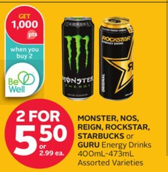 Rexall Monster, nos, reign, rockstar, starbucks or guru energy drinks offer