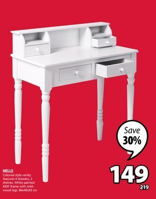 Helle colonial style vanity features 4 drawers, 2 shelves
