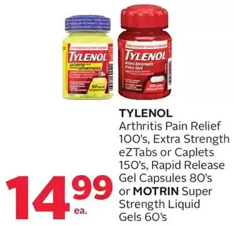 Rexall Tylenol arthritis pain relief, extra strength eztabs or caplets, rapid release gel capsules or motrin super strength liquid g offer