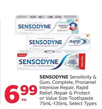 Rexall Sensodyne sensitivity & gum, complete, pronamel intensive repair, rapid relief, repair & protect or value size toothpaste offer