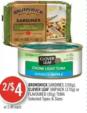 Shoppers Drug Mart Brunswick sardines, clover leaf skipjack or flavoured tuna offer