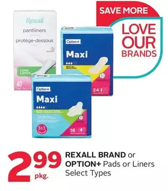 Rexall Rexall brand or option+ pads or liners offer