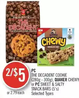 Shoppers Drug Mart Pc the decadent cookie, quaker chewy or pc sweet & salty snack bars offer