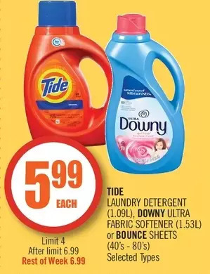Shoppers Drug Mart Tide laundry detergent, downy ultra fabric softener or bounce sheets offer