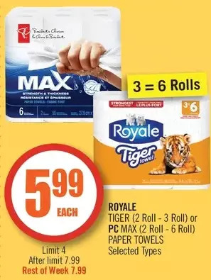 Shoppers Drug Mart Royale tiger or pc max paper towels offer