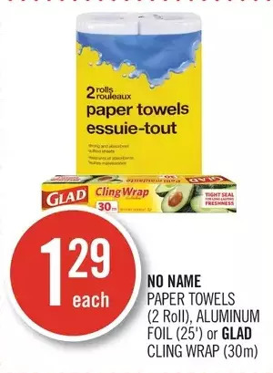 Shoppers Drug Mart No name paper towels, aluminum foil or glad cling wrap offer