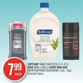 Shoppers Drug Mart Softsoap hand soap refills, dove men+care or every man jack antiperspirant / deodorant offer