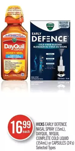 Shoppers Drug Mart Vicks early defence nasal spray, dayquil, nyquil complete cold liquid or capsules offer