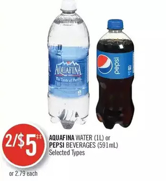 Shoppers Drug Mart Aquafina water or pepsi beverages offer