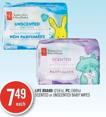 Shoppers Drug Mart Life brand, pc scented or unscented baby wipes offer