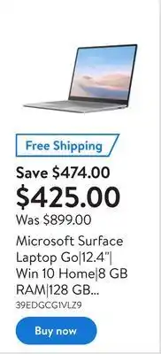 Walmart Microsoft surface laptop go|12.4"| win 10 home|8 gb ram|128 gb ssd|recertified offer