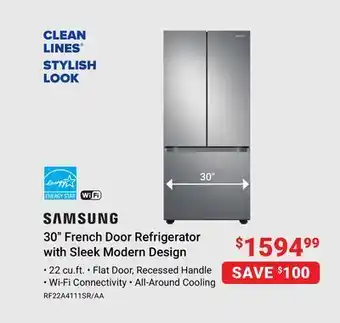 Visions Electronics Samsung 30" french door refrigerator with sleek modern design offer
