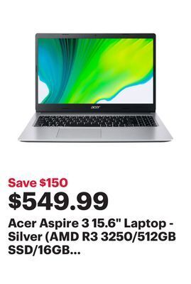 Best Buy Acer aspire 3 15.6" laptop - silver (amd r3 3250/512gb ssd/16gb ram/windows 11) offer