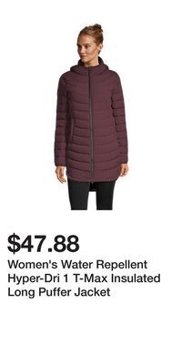 Mark's Women's water repellent hyper-dri 1 t-max insulated long puffer jacket offer