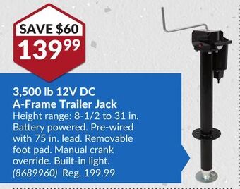 Princess Auto 3,500 lb 12v dc a-frame trailer jack offer