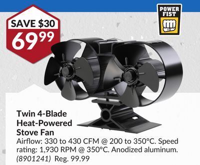 Twin 4-blade heat-powered stove fan offer at Princess Auto