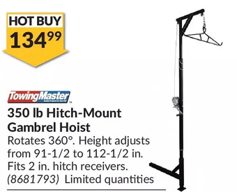 Princess Auto Towing master 350 lb hitch-mount gambrel hoist offer