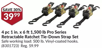 Princess Auto 4 pc 1 in. x 6 ft 1,500 lb pro series retractable ratchet tie-down strap set offer