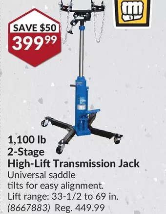 Princess Auto 1,100 lb 2-stage high-lift transmission jack offer