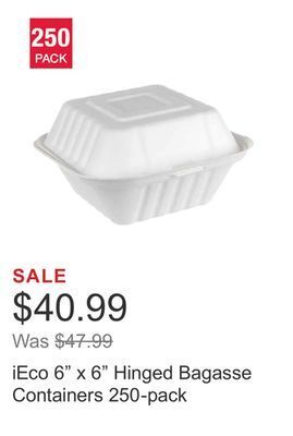 Costco Ieco 6" x 6" hinged bagasse containers 250-pack offer