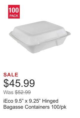 Costco Ieco 9.5" x 9.25" hinged bagasse containers 100/pk offer