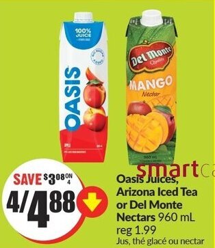 FreshCo Oasis Juices , Arizona Iced Tea or Del Monte Nectars 960 ml offer