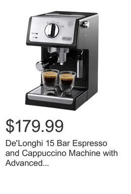 Costco De'longhi 15 bar espresso and cappuccino machine with advanced cappuccino system offer