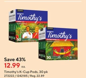 Staples Timothy's breakfast blend k-cup pods offer