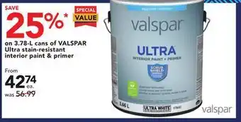 Lowe's 3.78-l cans of valspar ultra stain-resistant interior paint & primer offer