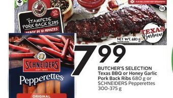 Sobeys Butcher's selection texas bbq or honey garlic pork back ribs offer
