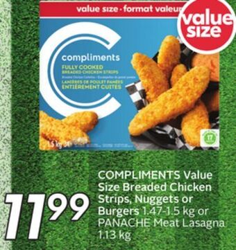 Sobeys Compliments value size breaded chicken strips, nuggets or burgers offer