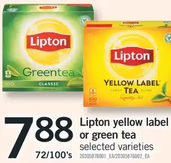 Fortinos Lipton yellow label or green tea, 72/100's offer