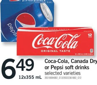 Fortinos Coca-cola, canada dry or pepsi soft drinks, 12x355 ml offer