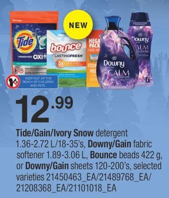 Fortinos Tide/gain/ivory snow detergent, 1.36-2.72 l/18-35's, downy/gain fabric softener, 1.89-3.06 l, bounce beads, 422 g, or downy/g offer