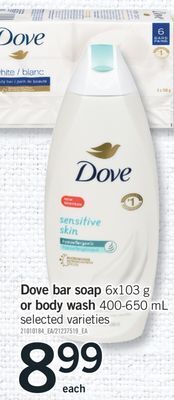 Fortinos Dove bar soap, 6x103 g or body wash, 400-650 ml offer