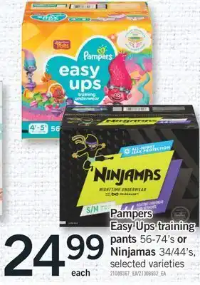 Fortinos Pampers easy ups training pants 56-74's or ninjamas, 34/44's offer