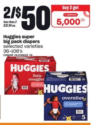 Loblaws Huggies super big pack diapers, 36-108's offer