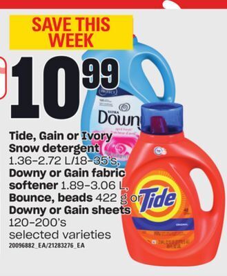 Loblaws Tide, gain or ivory snow detergent, 1.36-2.72, l/18-35's, downy or gain fabric softener, 1.89-3.06 l, bounce, beads, 422 g or offer
