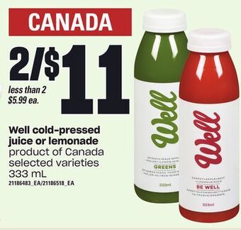 Loblaws Well cold-pressed juice or lemonade, 333 ml offer