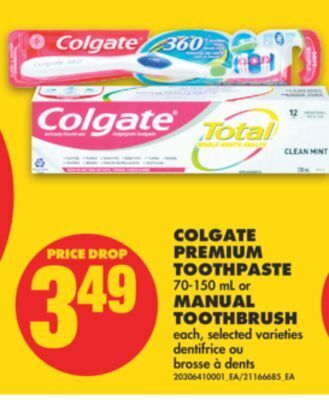 No Frills Colgate premium toothpaste 70-150 ml or manual toothbrush offer