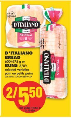 No Frills D'italiano bread, 600/675 g or buns, 6/8's offer