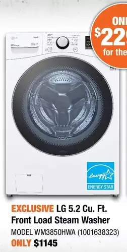 Home Depot Lg 5.2 cu. ft. front load steam washer offer